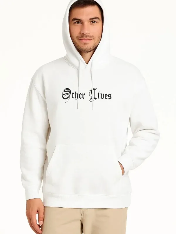 Férfi fehér 3 szálas pamut nyomott kapucnis kenguru zsebes sweatshirt 1