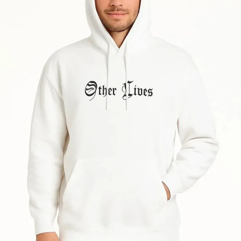 Férfi fehér 3 szálas pamut nyomott kapucnis kenguru zsebes sweatshirt