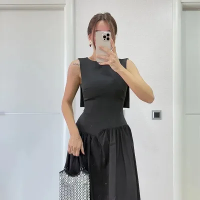 Women's Black Back Wing Detail Front Dart Long Dress 6