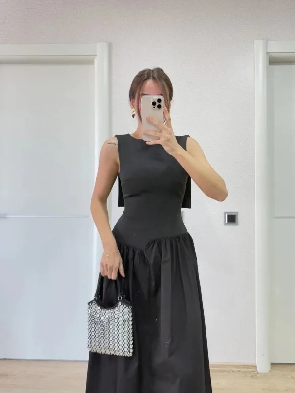 Women's Black Back Wing Detail Front Dart Long Dress 6