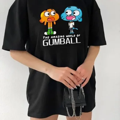Női fekete oversized biciklinyakú nyomott rövid ujjú póló 2