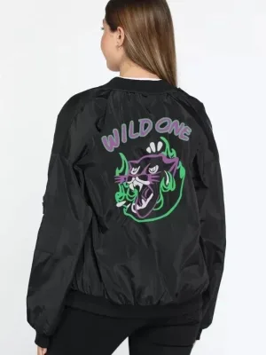 Γυναικείο Μαύρο Oversize Καπιτονέ Bomber Σακάκι με Print, Φερμουάρ, Τσέπες