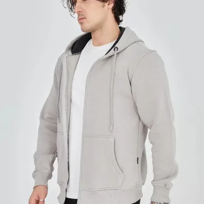 Kişi Boz 3 İplik Pambıqlı Tam Fermuarlı Başlıqlı Cepli Hoodie 4