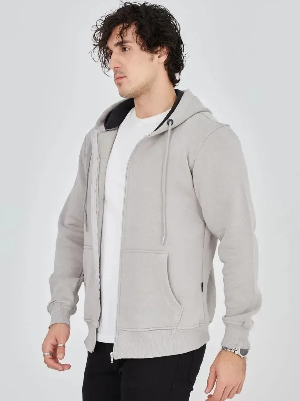 Kişi Boz 3 İplik Pambıqlı Tam Fermuarlı Başlıqlı Cepli Hoodie 4