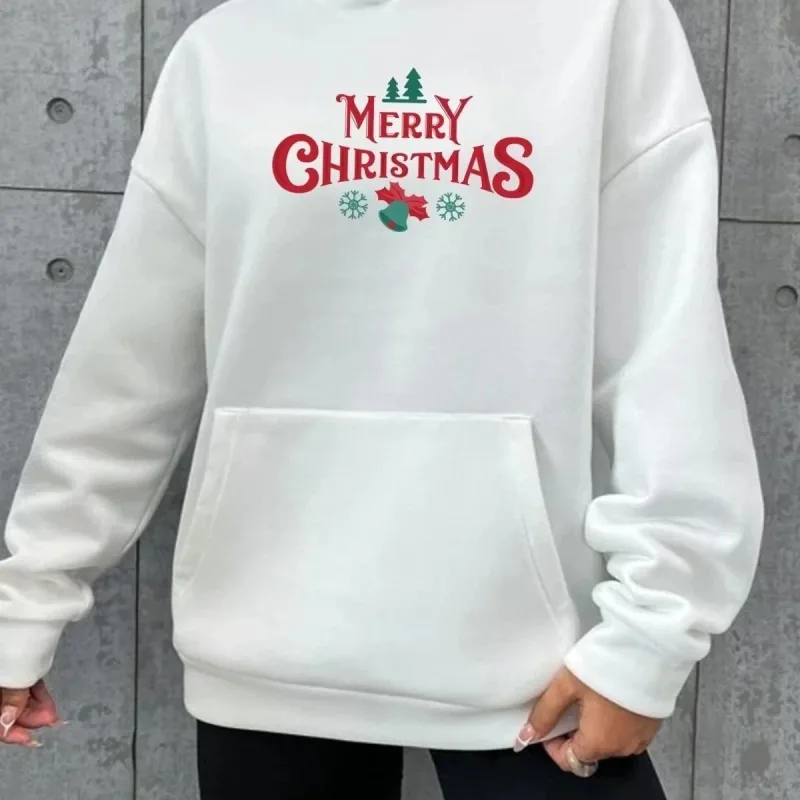 Muška bijela oversize kapuljača s printom Merry Christmas za Novu godinu