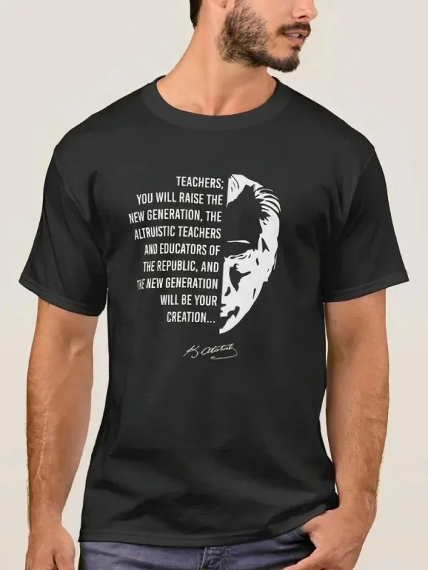 Kişi Qara Müəllimlər Günü Çap Çapraz Yaka T-shirt 1