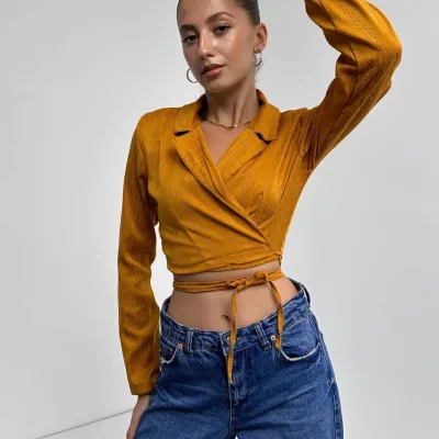 Košulja ovratnik struk vezana crop bluza senf 2