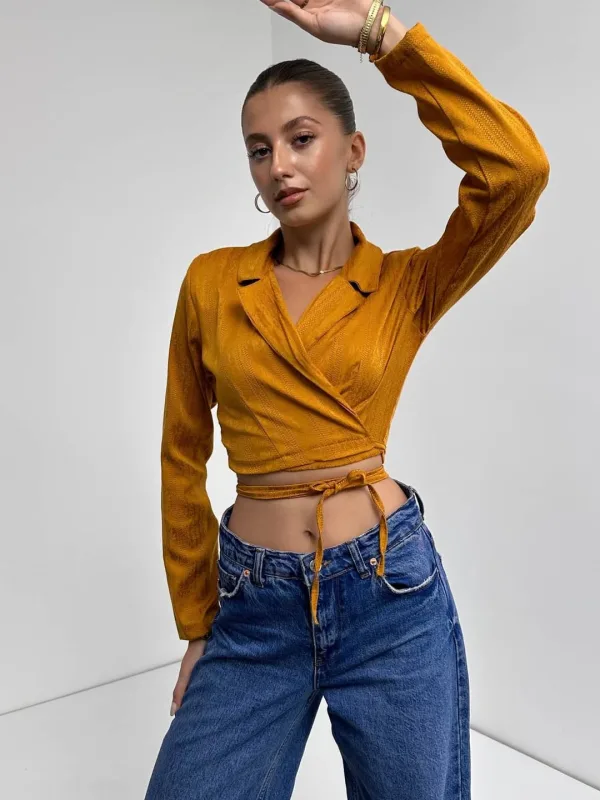 Košulja ovratnik struk vezana crop bluza senf 2