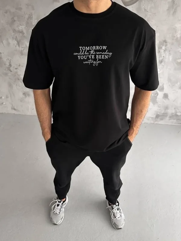 Машки црн oversize велосипед јака печатена летна маица 1