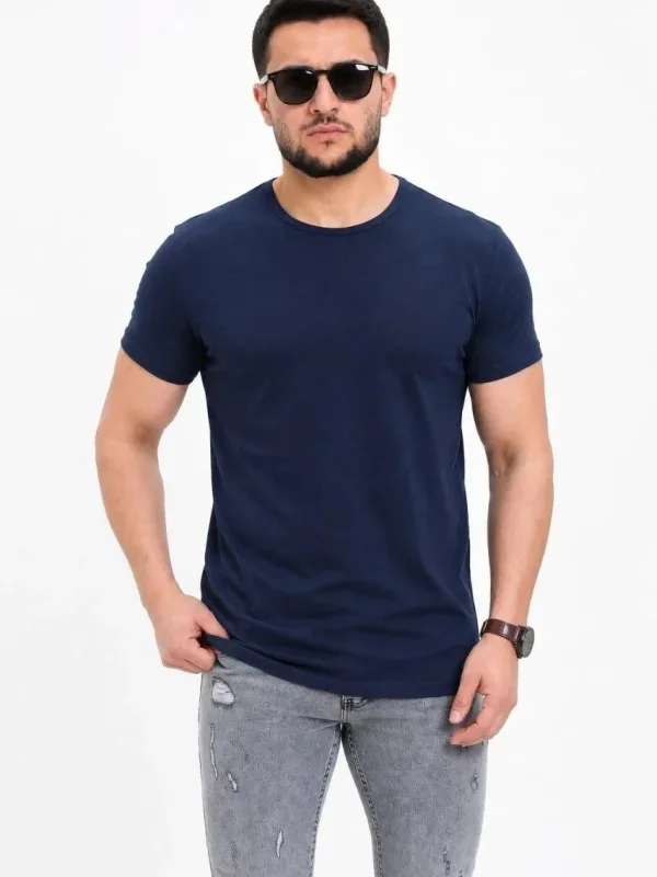 Erkek Lacivert Slim Fit Bisiklet Yaka Kısa Kol Tişört