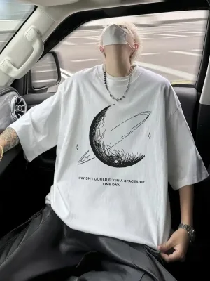 Men's White Oversize Bicycle Neck Printed T-Shirt