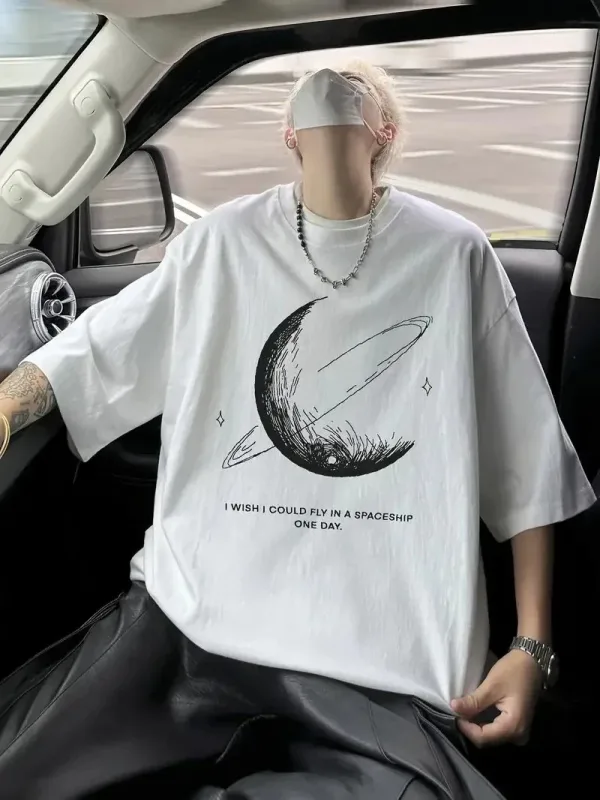 Men's White Oversize Bicycle Neck Printed T-Shirt 1