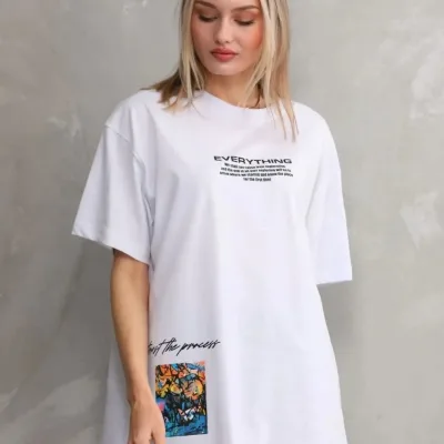 Ženska bela oversize bicikli kragna štampana majica 5