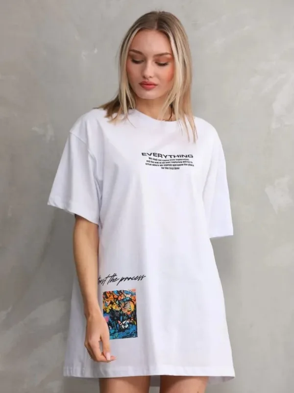Ženska bela oversize bicikli kragna štampana majica 5