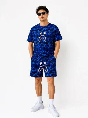 Muški plavi oversize set s vezom i shark šorc s džepovima