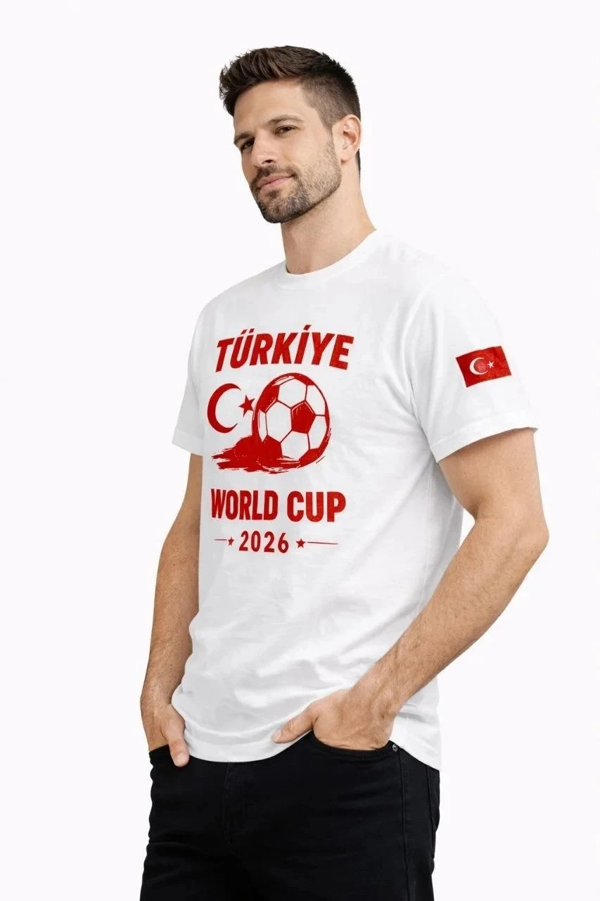 Erkek Beyaz World Cup 2026 Baskılı Futbol Temalı Tişört