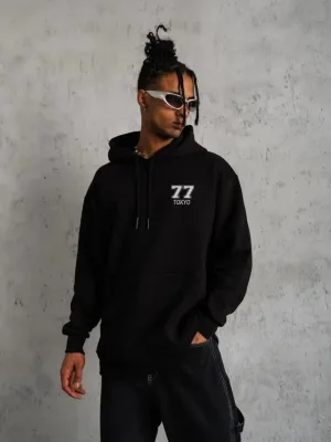 Men's Black Oversize 3-Thread Cotton Hooded Printed Sweatshirt
