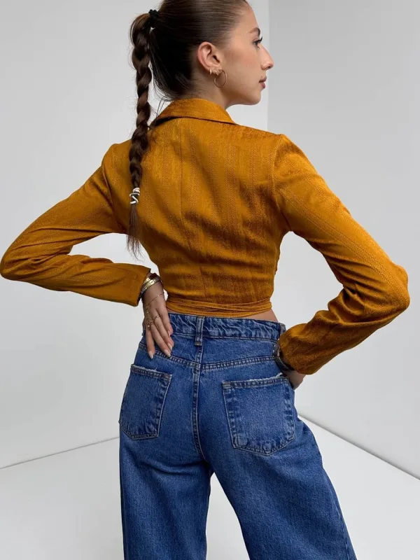 Košulja ovratnik struk vezana crop bluza senf 5