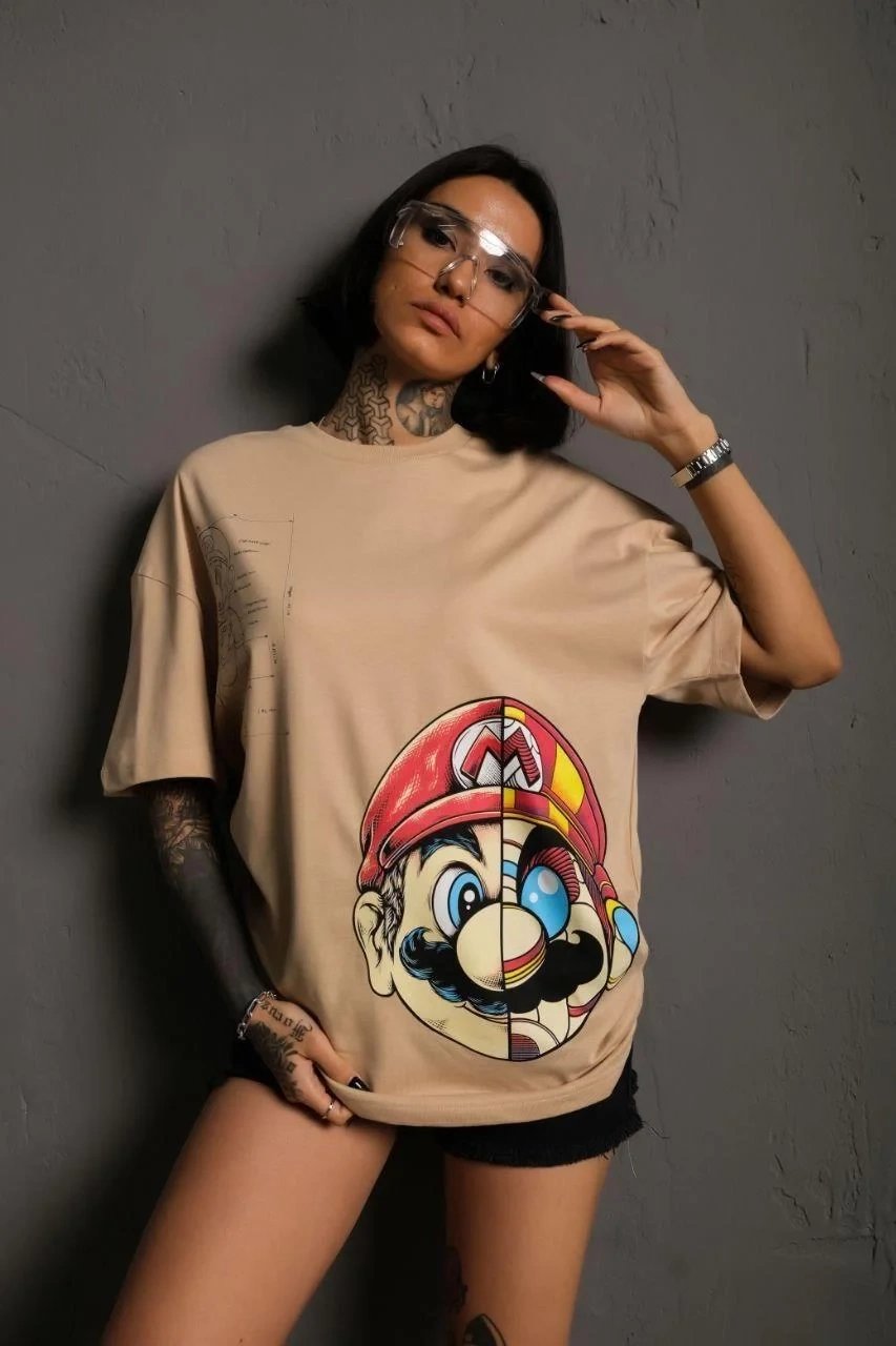Γυναικείο Μπεζ Oversize Στρογγυλή Λαιμόκοψη Mario Τυπωμένο T-Shirt