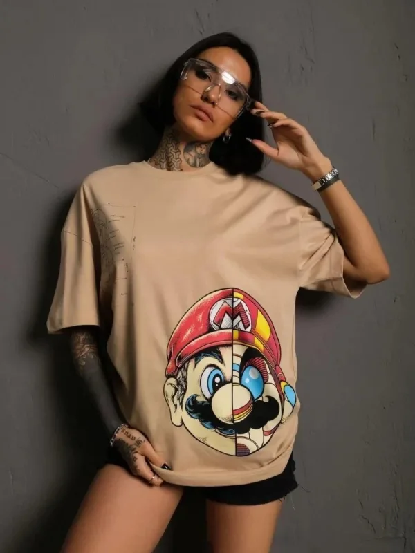Ženska Bež Oversize Bicikli Kragna Mario Print Majica 1