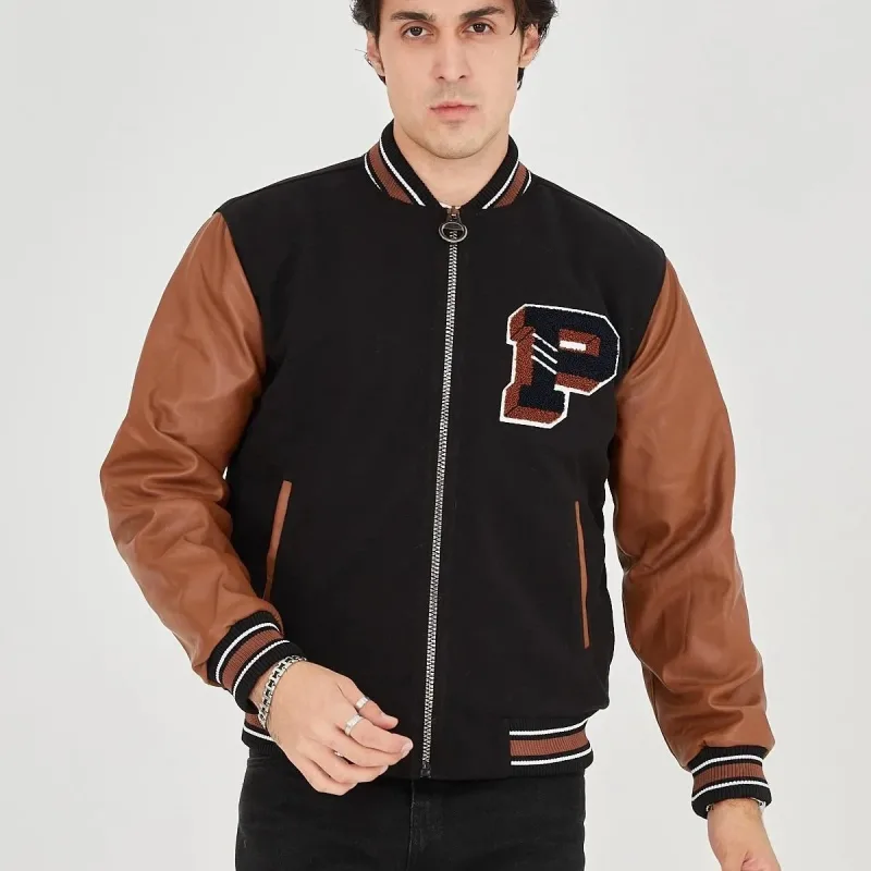 Jacket for Men, Brown, with Fiber Lining, Faux Leather Sleeves, Winter
