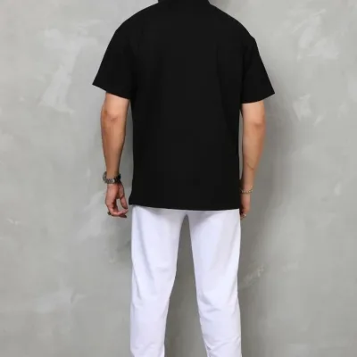 Kişi Qara Oversize Yarım Fermuarlı Düz Köynək 8