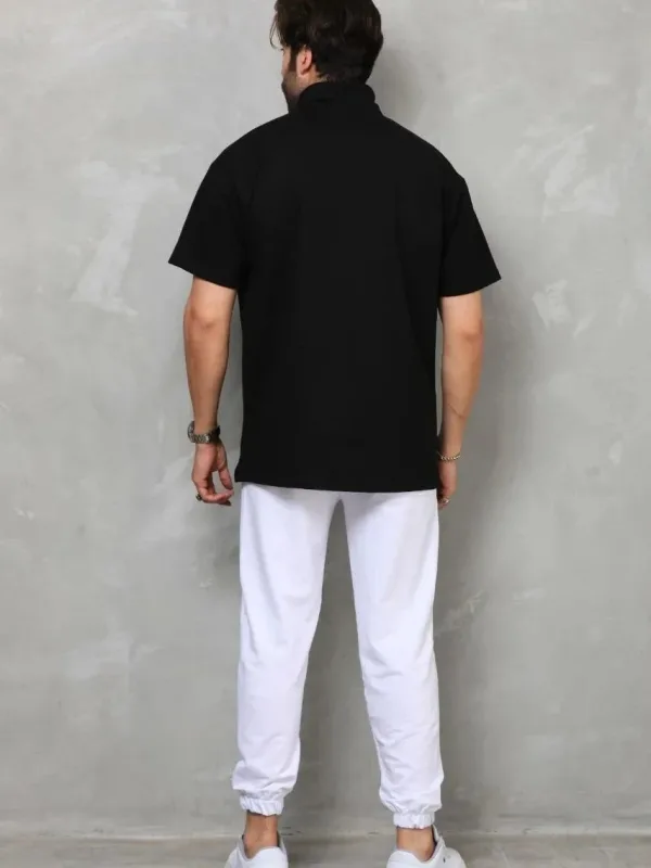 Kişi Qara Oversize Yarım Fermuarlı Düz Köynək 8