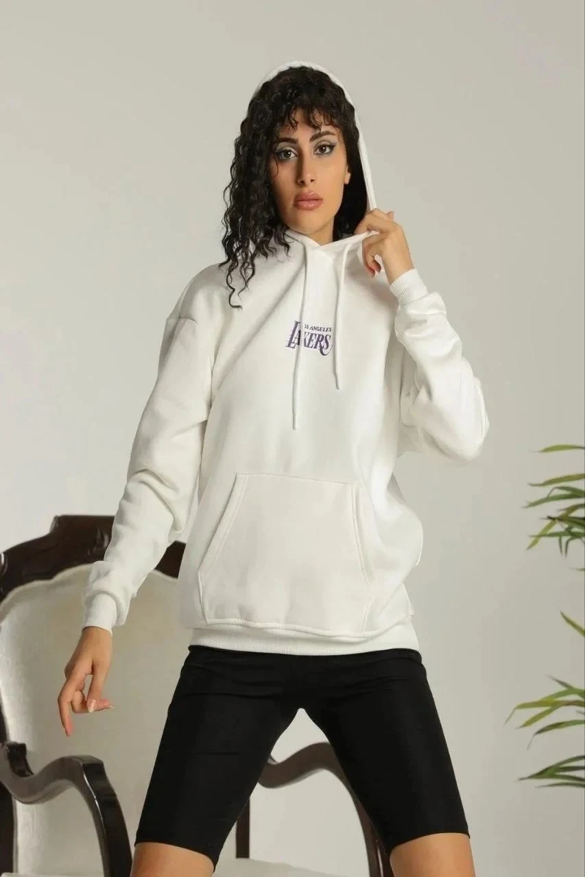 Women's White Oversize Hooded Pocket Printed Cotton Sweatshirt