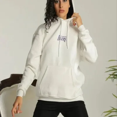 Női Fehér Oversize Kapucnis Zsebes Nyomott Pamut Sweatshirt 1