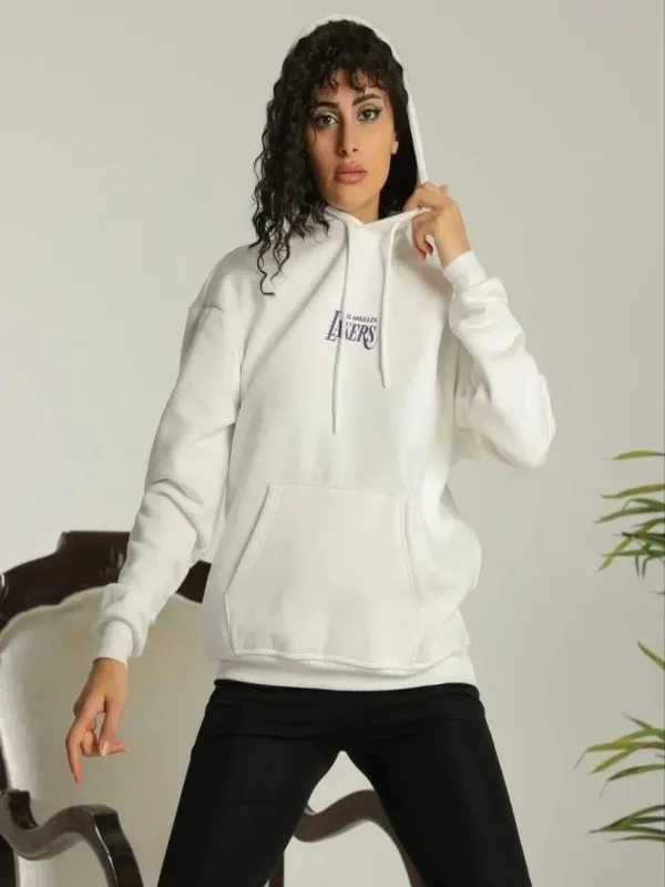 Női Fehér Oversize Kapucnis Zsebes Nyomott Pamut Sweatshirt 1