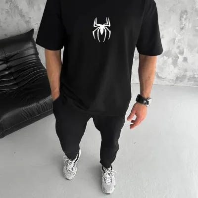 Ανδρικό Μαύρο Oversize Ποδήλατο Λαιμό Αράχνη Τυπωμένο Μπλουζάκι 1