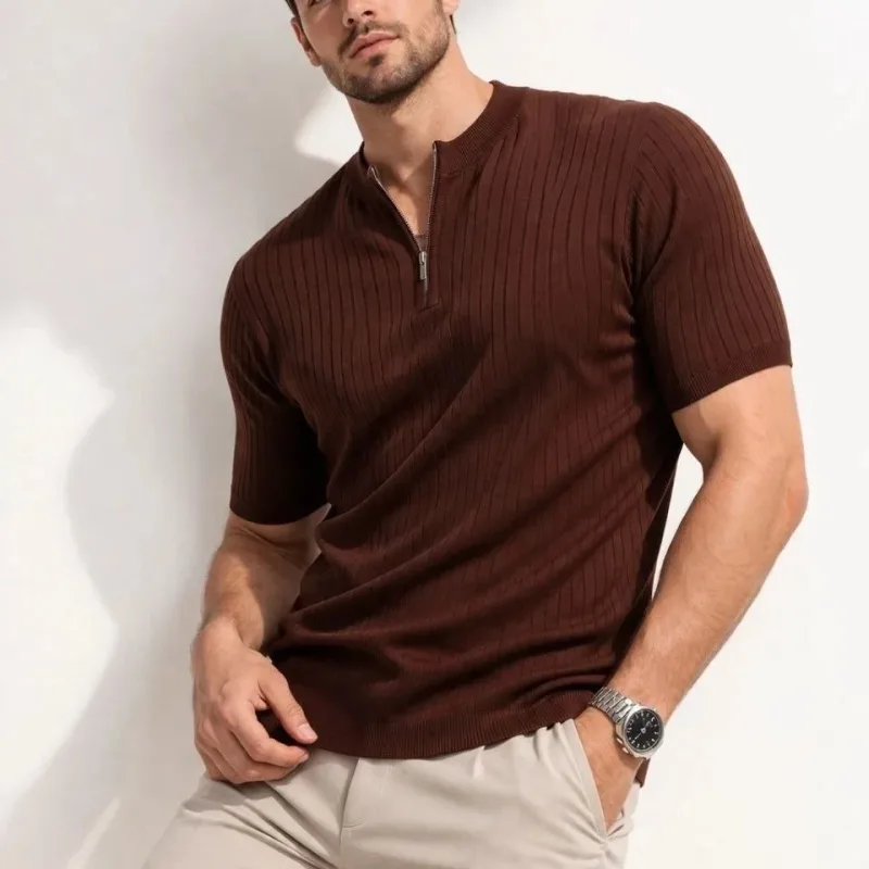 Men's Brown Corduroy Hakim Collar Short Sleeve Knit T-Shirt