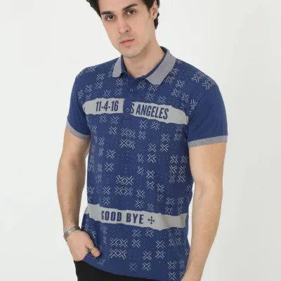 Muški plavi slim fit polo kragna print kratki rukav majica 3