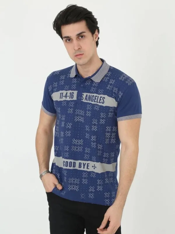 Muški plavi slim fit polo kragna print kratki rukav majica 3