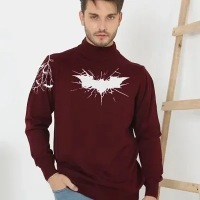Muški bordo polu-ribarski izrez tiskani pleteni džemper 1