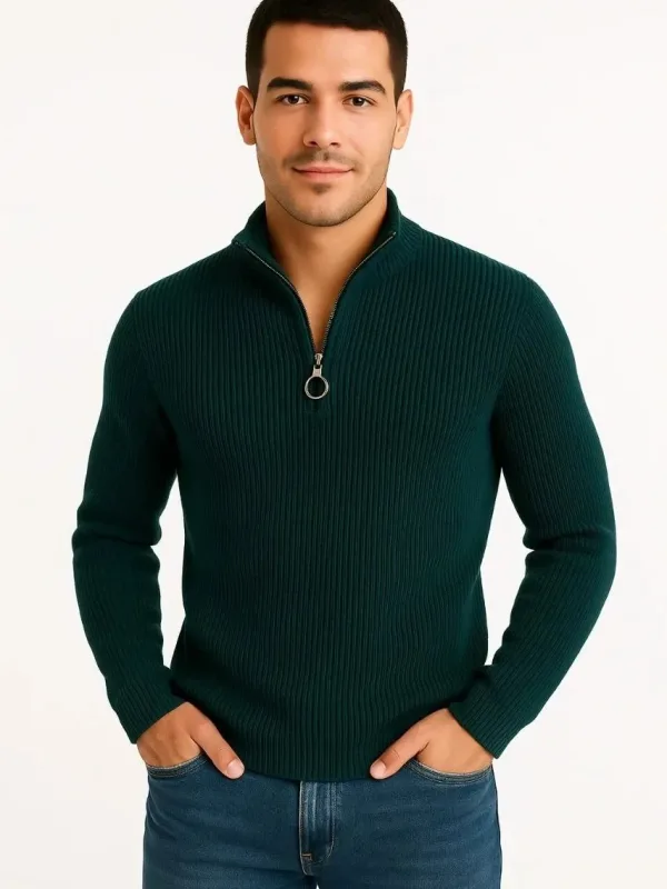 Pánský khaki regular fit svetr s polovičním zipem a stojáčkem z bavlny 4