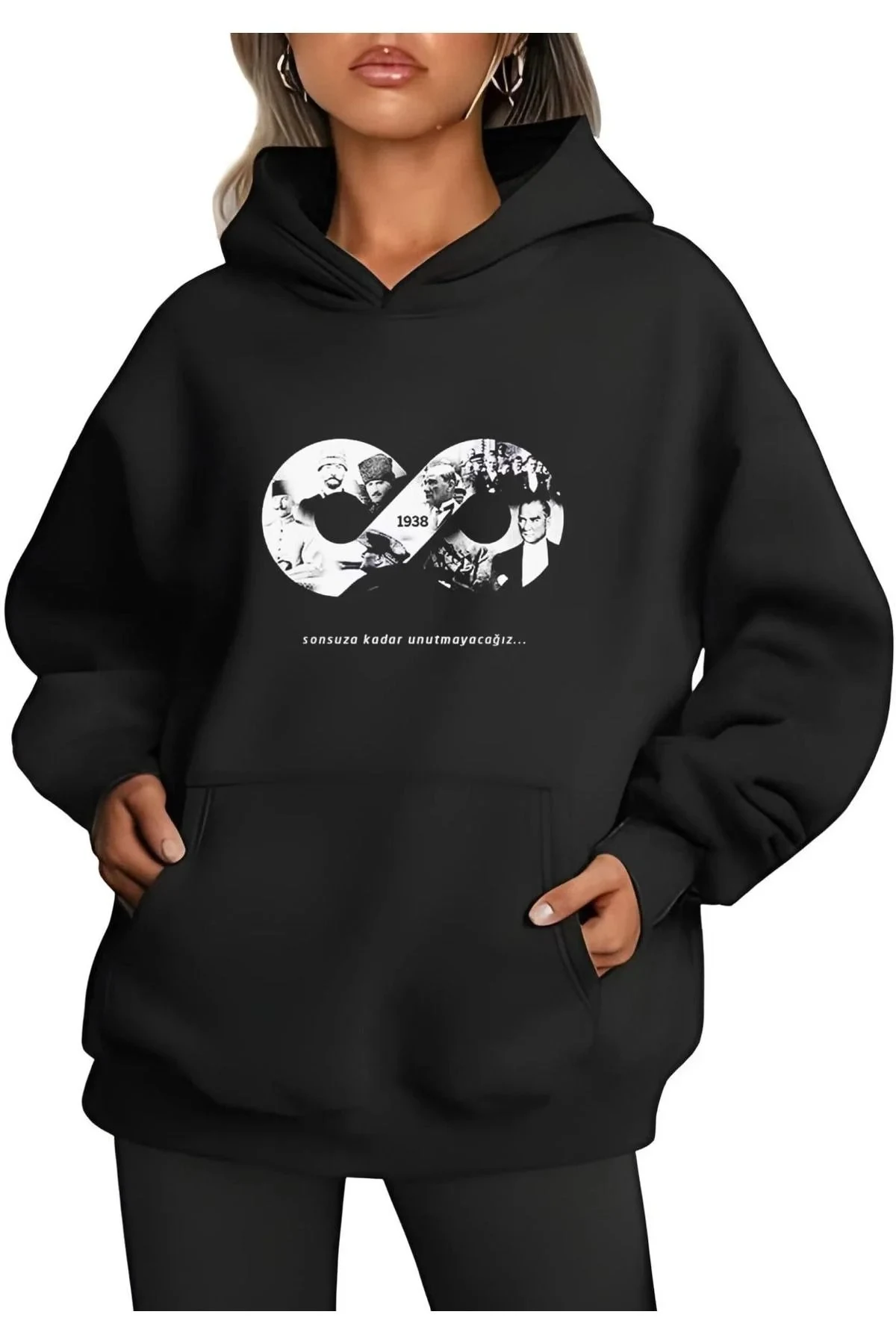 Męski Czarny 3-nitkowy Bawełniany Kieszeń Kaptur Sweatshirt