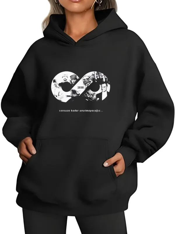 Męski Czarny 3-nitkowy Bawełniany Kieszeń Kaptur Sweatshirt 1