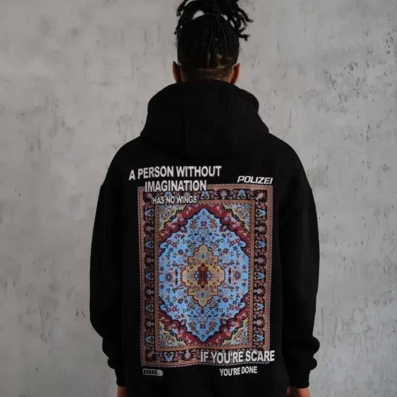Men's Black Oversize 3-Thread Cotton Hooded Printed Sweatshirt with Pockets