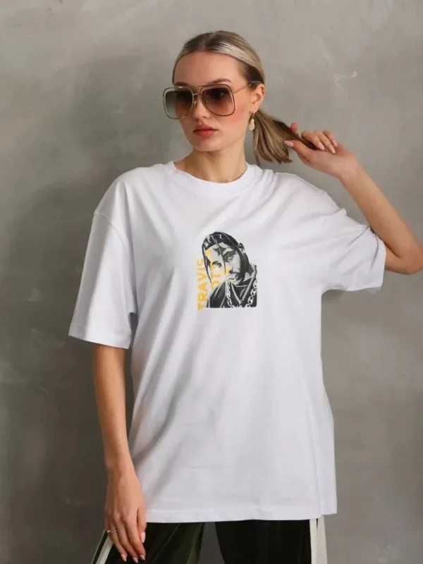 Damski oversize T-shirt biały, dekolt w serek, nadruk 4