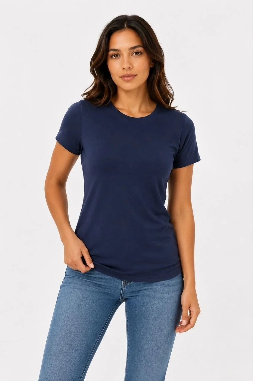 Γυναικείο Σκούρο Μπλε Slim Fit Ποδήλατο Λαιμό Basic Τ-Shirt 2