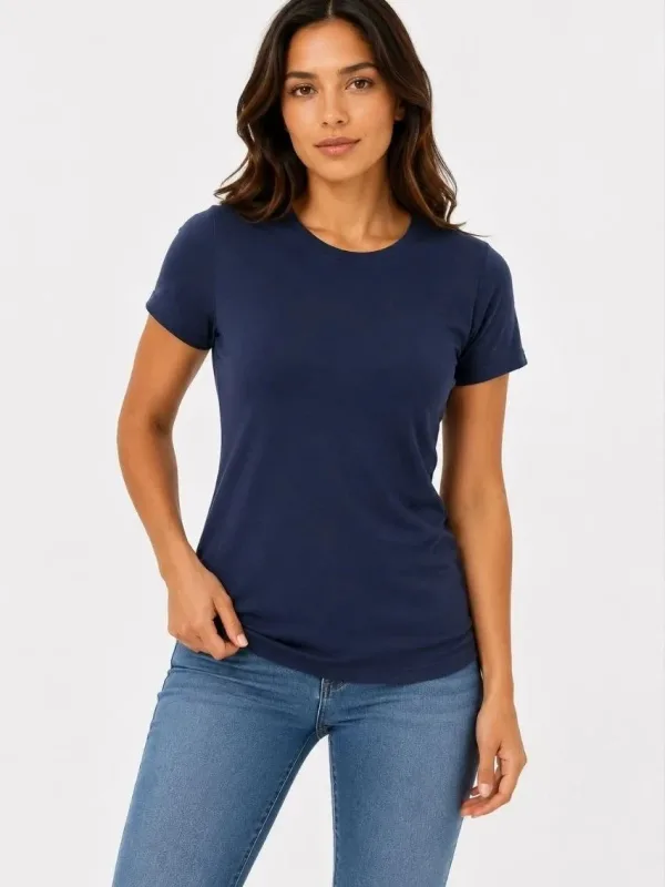 Női Sötétkék Slim Fit Kerékpár Nyakú Basic Póló 2