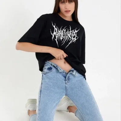 Damski Czarny Oversize Rowerowy Kołnierz Nadrukowany T-shirt 2