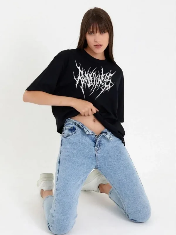 Damski Czarny Oversize Rowerowy Kołnierz Nadrukowany T-shirt 2
