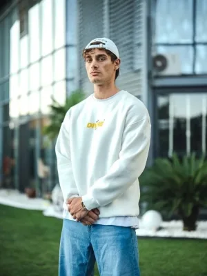 Férfi fehér 3 szálas pamut kerékpáros nyakú nyomott sweatshirt