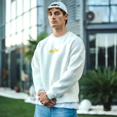Férfi fehér 3 szálas pamut kerékpáros nyakú nyomott sweatshirt 1