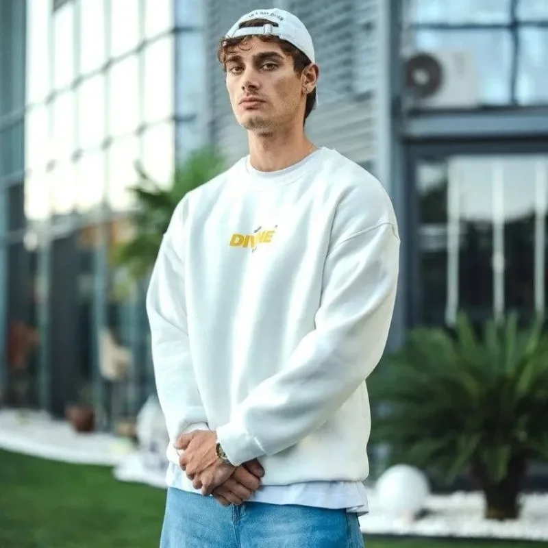 Férfi fehér 3 szálas pamut kerékpáros nyakú nyomott sweatshirt
