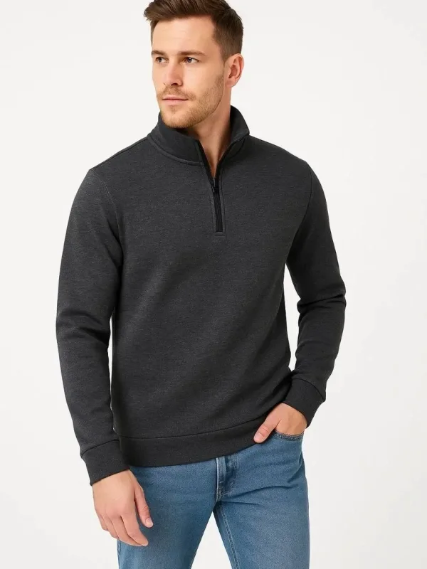 Muška antracit stojeći ovratnik polu patentni zatvarač 3 niti pamučna sweatshirt 2