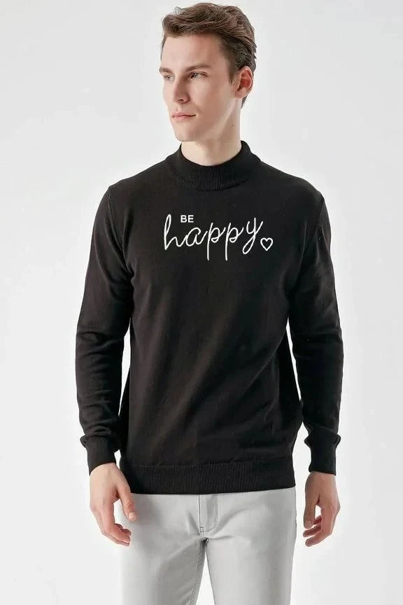 Men's Black Half High Neck Printed Knit Sweater