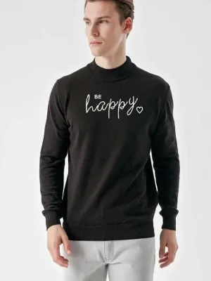 Men's Black Half High Neck Printed Knit Sweater
